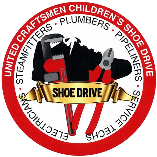 A red and white logo for united craftsmen children 's shoe drive.