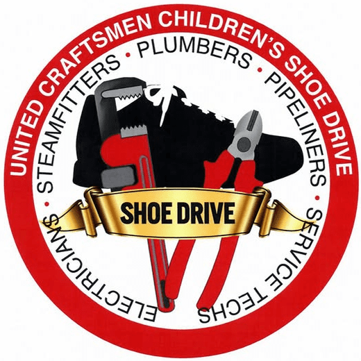 A red and white logo for united craftsmen children 's shoe drive.